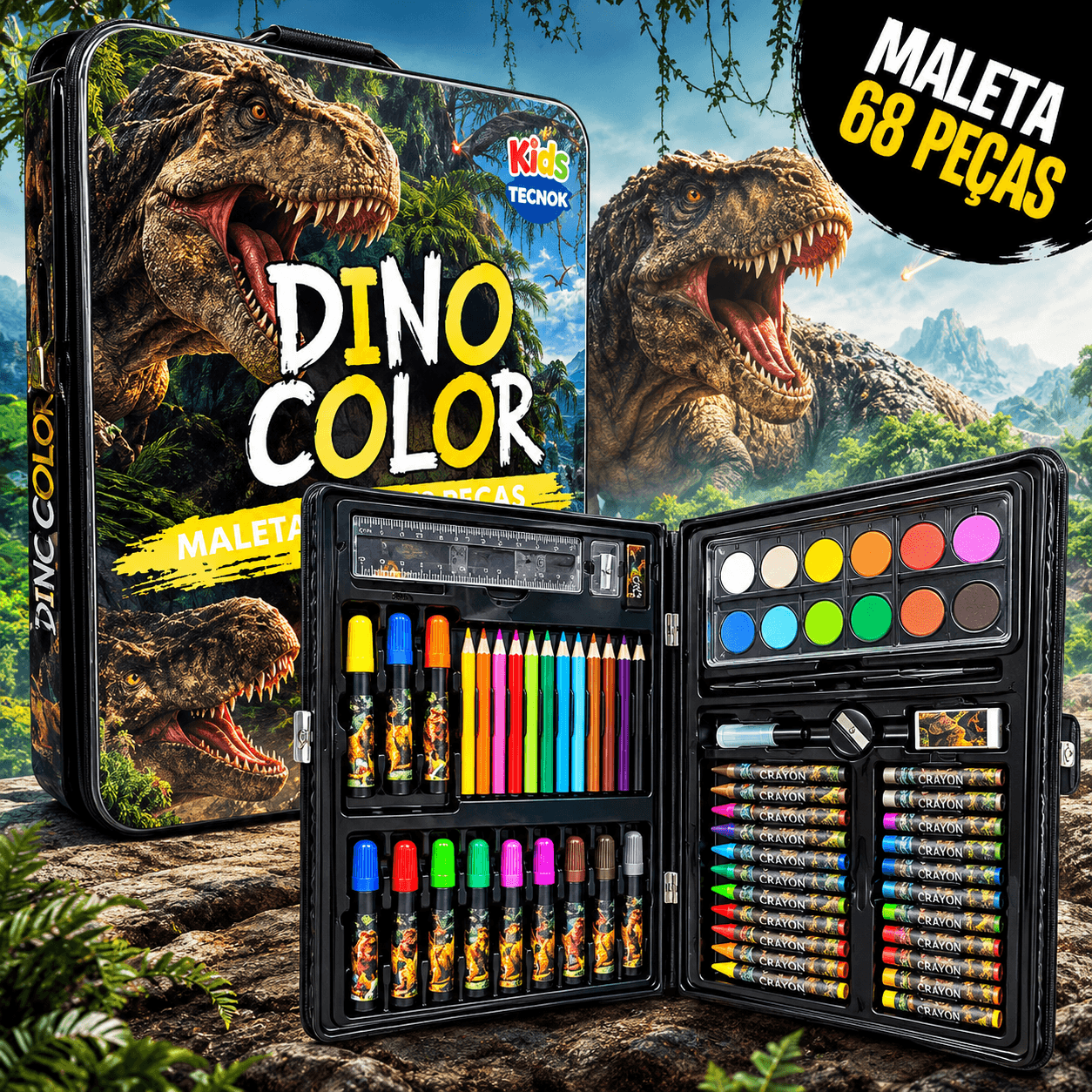 Maleta de pintura Dino Supreme Preta aberta, com canetinhas, lápis e aquarela