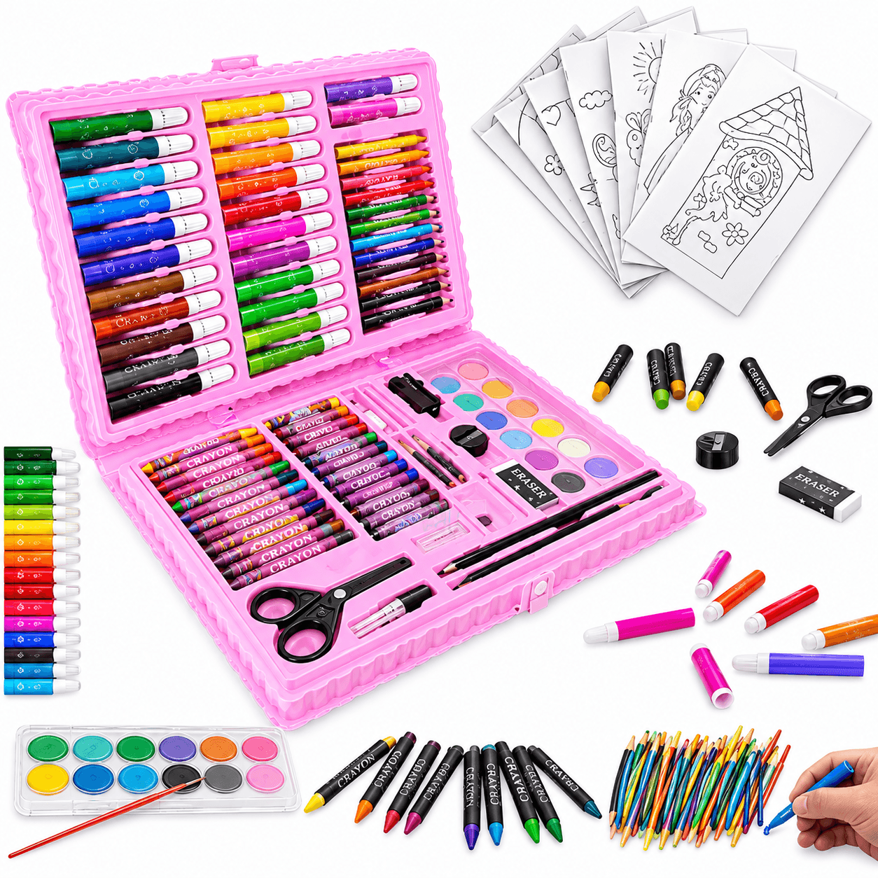 Maleta de pintura Rosa Unicórnio Completa aberta, com canetinhas, gizes de cera, lápis de cor, aquarela e tesoura